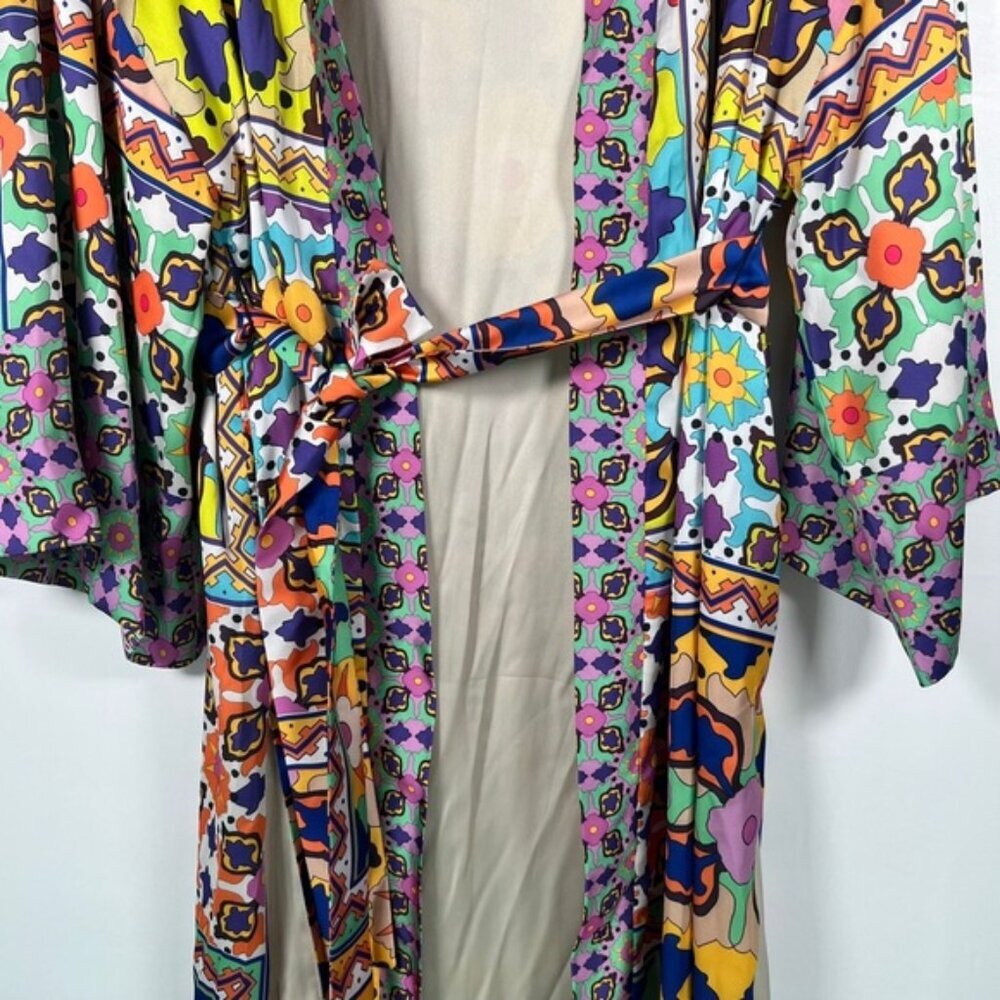 NWT ZARA KIMONO Multicolor Satin Tied Self Belt Slits Oversized 7753/032 Size‎ S - Picture 7 of 13